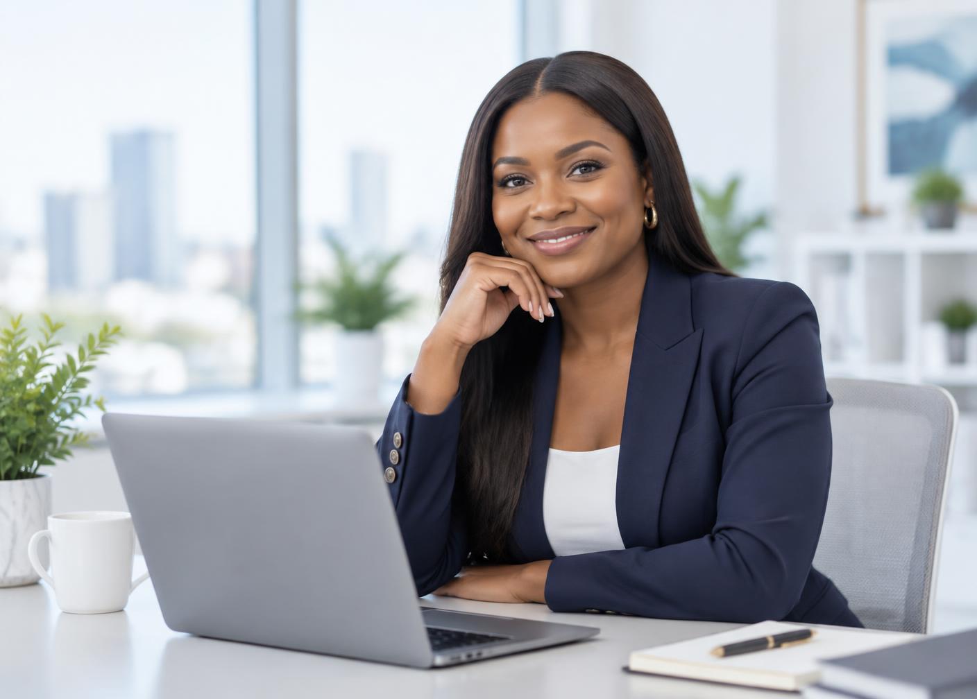 A Nigerian business consultant smiling at her desk